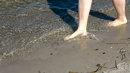 年轻女性在浅水中走在黄海上b 蓝色的 旅游 脚步图片