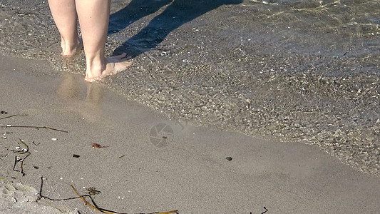 年轻女性在浅水中走在黄海上b 旅游 爱图片