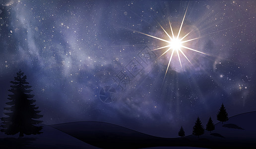 夜空中的圣诞星 云云与星星 天气 圣诞节 树木 反射图片