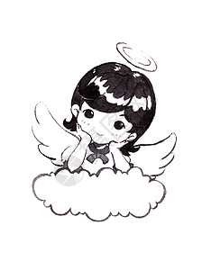 一个黑头发可爱的天使女孩 手画在白色背景上的插图 她用肘顶着云图片
