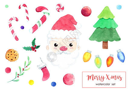 可爱的水彩圣诞物品套装 圣诞老人 杉树 球 甜食 袜子 冬青浆果 仙女灯图标 孤立在白色背景上的圣诞装饰元素 手绘插图 剪切路径图片
