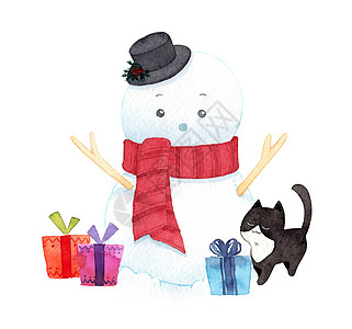 穿戴帽子 围巾和白底猫的可爱圣诞雪人 水彩图画 冬季广告中为装饰而绘画 礼物 美丽的图片