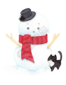 穿戴帽子 围巾和白底猫的可爱圣诞雪人 水彩图画 冬季广告中为装饰而绘画 卡片 季节图片