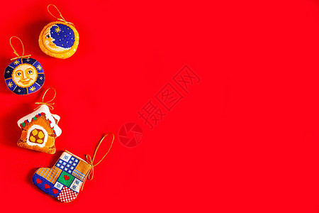 圣诞背景 红色背景 节日 新年和圣诞节概念上绣有圣诞玩具 艺术 庆典图片