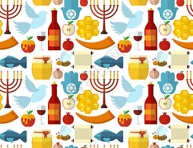 Shana Tova 或犹太新年无缝图案 包括蜂蜜 苹果 鱼 蜜蜂 瓶子 托拉和其他传统物品 火腿 卡片图片