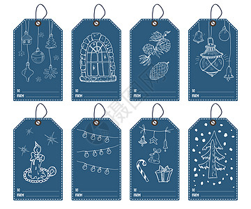 冬季和新年礼品标签设置 手画草图贺卡模板 配有涂鸦节庆元素 矢量插图 明信片 打印图片