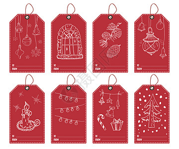 冬季和新年礼品标签设置 手画草图贺卡模板 配有涂鸦节庆元素 矢量插图 季节 绘画图片