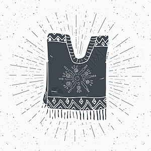 古董标签 手画墨西哥传统服装草图 粗体纹质回贴徽章 徽标设计 印记T恤衫印刷 矢量说明 外套 绘画图片