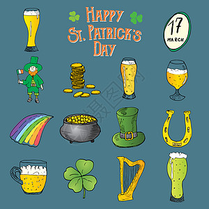 手画的涂鸦图标 包括小妖精 一锅金币 彩虹 啤酒 四颗树叶 马蹄 塞蒂琴和爱尔兰矢量插图旗帜 手绘 绘画图片