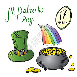 圣帕特里克节手绘涂鸦套装 带有爱尔兰传统的绿色妖精帽子和彩虹尽头的一罐金币 矢量图以白色隔离 快乐的 假期图片