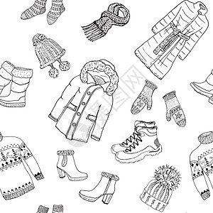 冬季涂鸦衣服无缝模式 手绘草图元素保暖驯鹿毛衣 外套 靴子 袜子 手套和帽子 矢量背景图 温暖的 雨衣图片