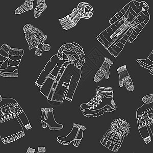 冬季涂鸦衣服无缝模式 手绘草图元素保暖雨鹿毛衣 外套 靴子 袜子 手套和帽子 矢量背景图 收藏 温暖的图片