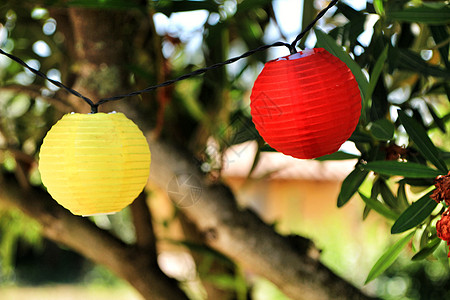 挂在树上的彩色圆灯笼 浪漫的 东方 圣诞节 装饰风格 蜡烛图片