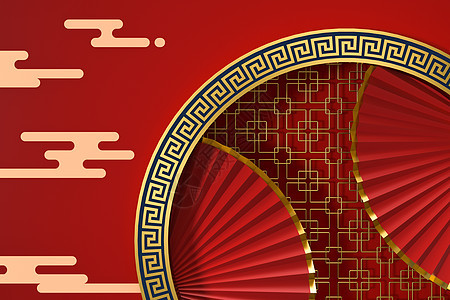 红中国风扇 传统装饰 3D铸造 吉祥 空的 中式背景图片