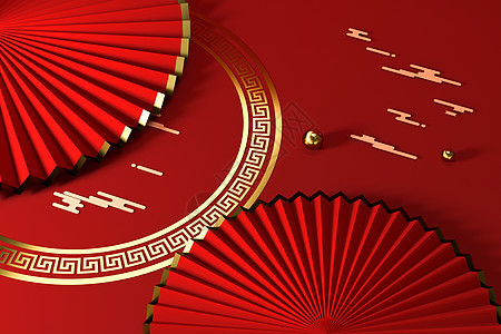 红中国风扇 传统装饰 3D铸造 圆圈 新年 庆典图片