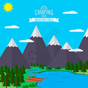 山上有森林和河流足迹 地貌平坦的矢量图 用于露营和徒步 极端运动 野外探险 娱乐场所 帐篷和火灾 自然 钓鱼图片