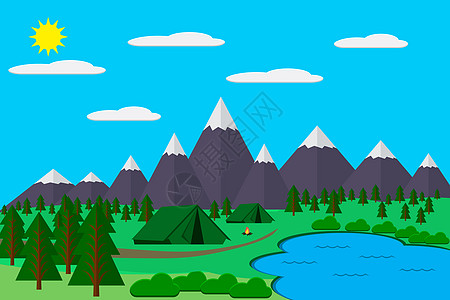 具有森林和湖泊景观平板矢量图的山区 用于露营和徒步 极端运动 户外探险 娱乐场所 帐篷和火灾 营火 远足图片