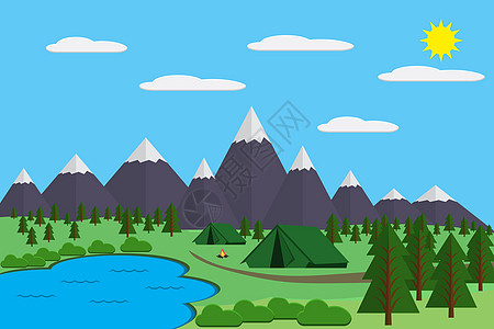 具有森林和湖泊景观平板矢量图的山区 用于露营和徒步 极端运动 户外探险 娱乐场所 帐篷和火灾 雪 冰图片