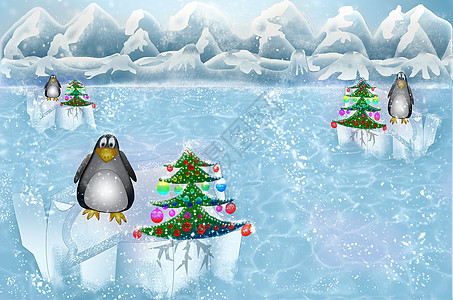 企鹅和圣诞树 在海面的冰河上图片