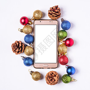 网上购买圣诞礼物 智能手机模型 白空白屏幕 冬天 海报图片