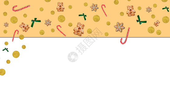 圣诞饼干图案 米色无缝背景 寒假甜点装饰 姜饼 装饰品和杜松树枝系列的创意布置在灯光下隔离 设计模板图片