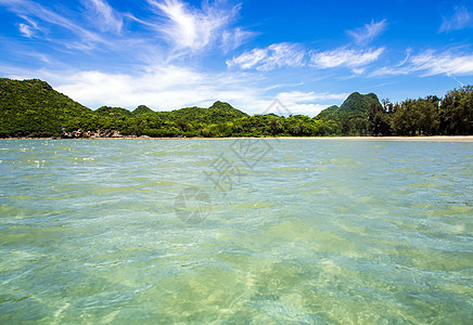 海水和山上蓝色天空的宽视水流流动 海滨 岛图片