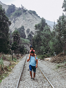 父亲和女儿在铁轨上行走 孩子 包 旅行 男人 旅游图片