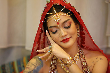美丽的印度女孩的画像 身穿纱丽和昆丹珠宝的年轻印度女模特 印度传统服装 东方或阿拉伯文化 化妆品 新娘图片