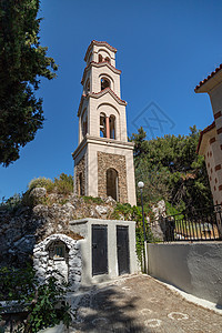 希腊罗兹岛阿齐波利附近的圣内克塔里奥斯修道院 爱琴海 水图片