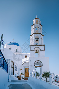 皮尔戈斯 圣托里尼 希腊 白色村庄的著名景点有鹅卵石街道的 希腊基克拉迪群岛 爱琴海 地中海 房子图片