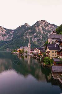 奥地利阿尔卑斯山奥地利Hallstatter湖Hallstatter村 美丽的 房子图片