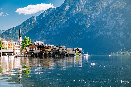 奥地利阿尔卑斯山奥地利Hallstatter湖Hallstatter村 农村 自然背景图片