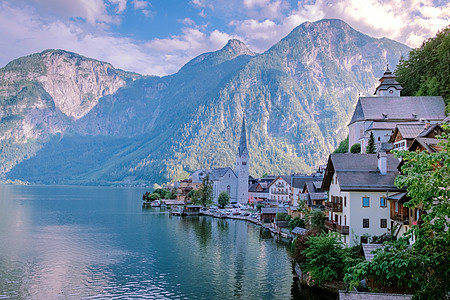 奥地利阿尔卑斯山奥地利Hallstatter湖Hallstatter村 自然背景 教会图片