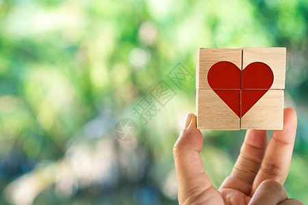 手持带有心形标志图标的木制立方体 复制空间自然阳光 您可以将文字放在背景上 情人节爱情季节 堵塞 浪漫的图片