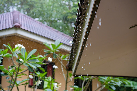 热带暴雨期间 从房屋屋顶下流的雨滴在热带大雨中 涓涓细流 天气图片