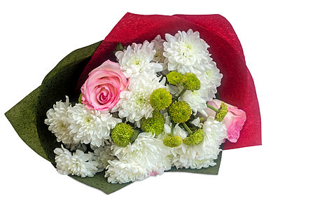 一束花朵 白底的菊花和玫瑰 在白色背景上图片