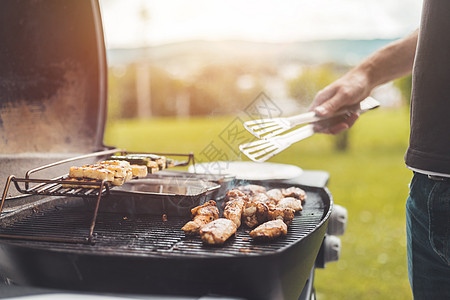 周末BBQ 鸡翅 奶酪和蔬菜 在煤气烤架上 室外 哈罗米 空闲时间图片