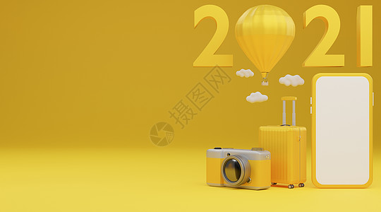 2021 年新年快乐白色屏幕移动模型与飞机行李和相机在黄色背景旅行概念 3d 渲染图片