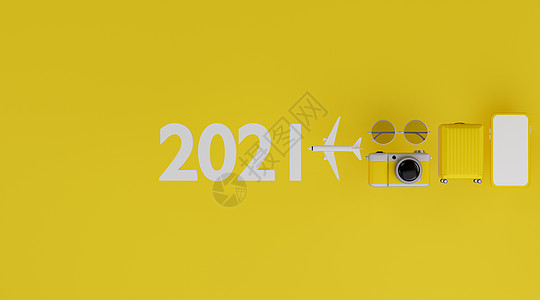 2021 年新年快乐白色屏幕移动模型与飞机相机行李和太阳镜在黄色背景旅行概念 3d 渲染图片