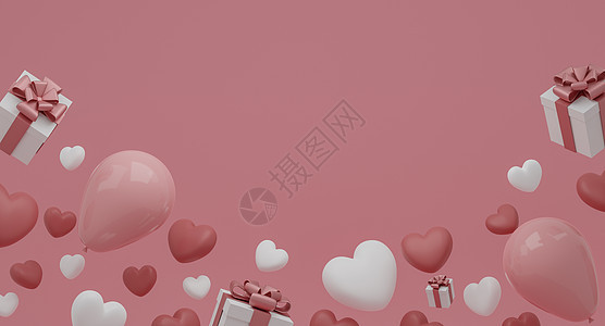 情人节概念粉红色和白色的心形气球与粉红色背景上的礼品盒 3D渲染图片