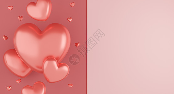 情人节概念粉色背景上的粉色心形气球 3D渲染 周年纪念日 工作室图片