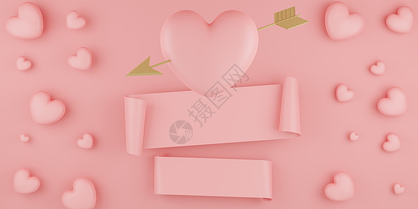 情人节心形气球与金色箭头和粉红色背景上的横幅 3D渲染 产品 爱心图片