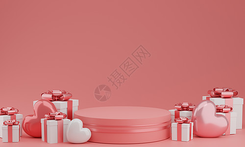情人节讲台或产品展台 带有红心气球和礼品盒 背景为柔和的粉红色 带有复制空间 3d 渲染图片
