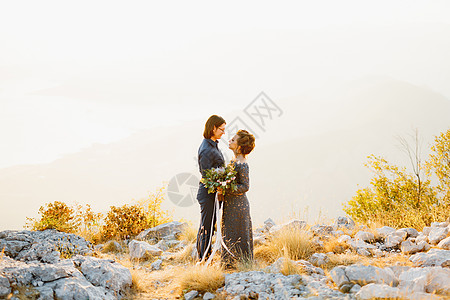 新娘和新郎在洛夫森山的后面拥抱和看着彼此 打开了科托湾的景象图片