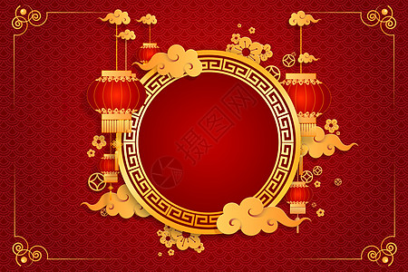 快乐的中国新年贺卡 与传统亚洲灯笼的红色背景图片