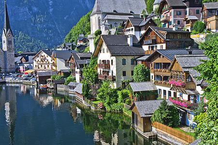 阿尔比斯山阿尔卑斯州的Hallstat 奥地利湖边的旧城风景 建筑学 上奥地利州背景