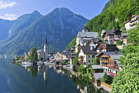 阿尔比斯山阿尔卑斯州的Hallstat 奥地利湖边的旧城风景 中心 历史中心背景