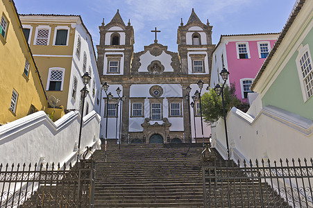 巴西 巴西 南美洲 与殖民地教会的Pelourinho观萨尔瓦多 de Bahia Pelourinho 石头街 古老建筑图片