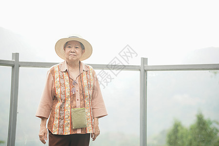 在公园步行桥上旅行的老年老年妇女 老年人生活习惯 包括工作年长 女性 建筑学背景图片