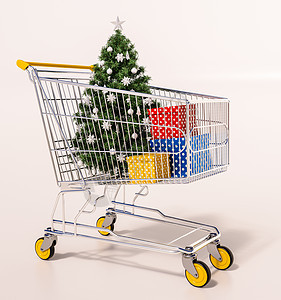 家庭圣诞购物会 节日符号 购物篮 纪念品 展示 购物车 圣诞树 假期背景图片